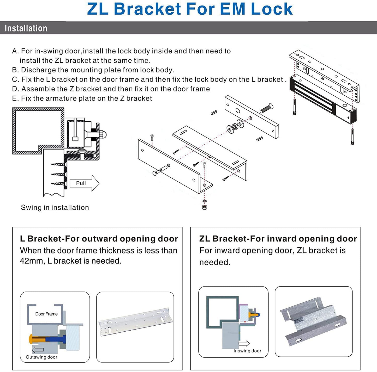 Electromagnetic Lock with Z and L Bracket 1200LBS 500KG Holding Force Electric Magnetic Door Lock 12V Fail Safe NC Mode for Access Control System