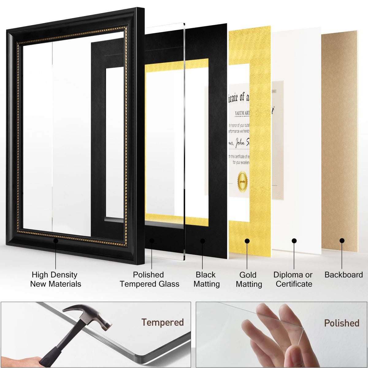 Yaetm 11x14 Diploma Frame, Certificate Frame with Tempered Glass, Display 8.5x11 Document with Black Over Gold Acid-free Mat, Degree Frames for Wall and Tabletop, Black with Gold Beads, 1 Pack