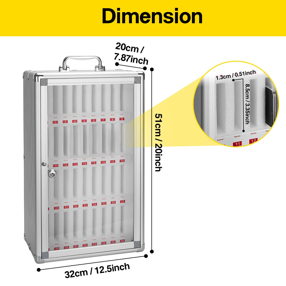 LOCKCURX 36-Slot Cell Phone Locker with Lock & Key, Heavy Duty Aluminum Acrylic Cell Phone Lock Box, Wall Mount Phone Locker Secure, Phone Jail for Classroom Office Retail, Silver