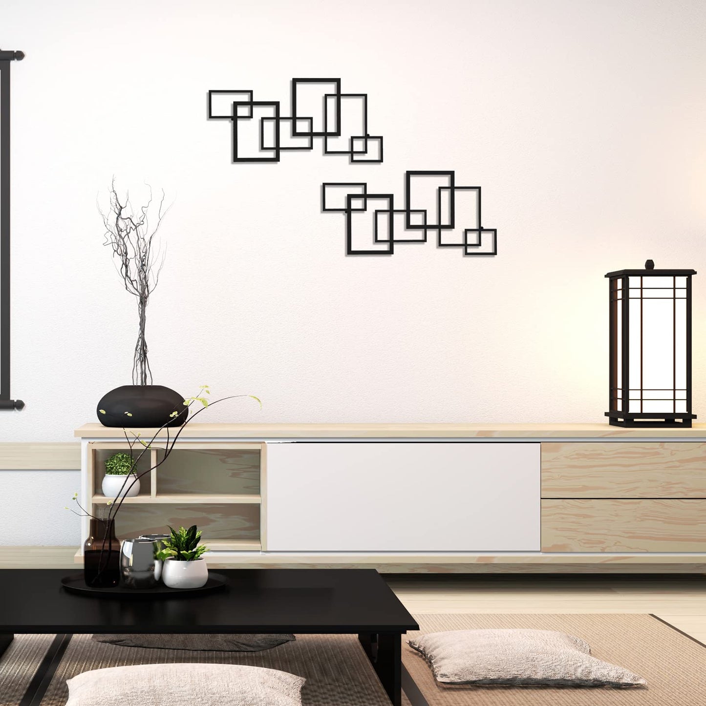 Geetery 2 Pcs Modern Geometric Metal Wall Art Minimalist Vertical Sculptures Wall Art Abstract Metal Decorations Wall Hanging Black Square Sign for Living Room Indoor Outdoor Bedroom Office