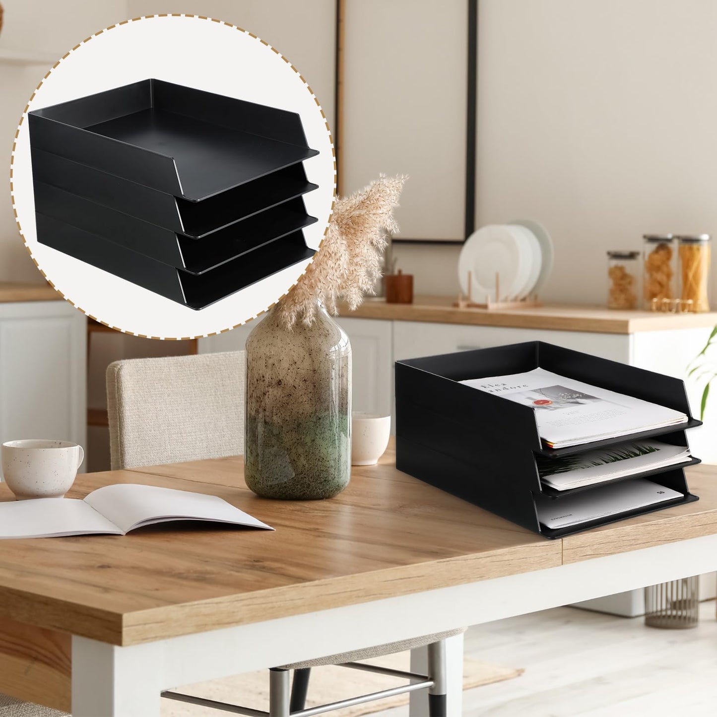 Wenqik 12 Pcs Stackable Paper Trays Rectangular Plastic Desk Holder Desktop Document File Organizer Storage Letter for Office Classroom (Black)