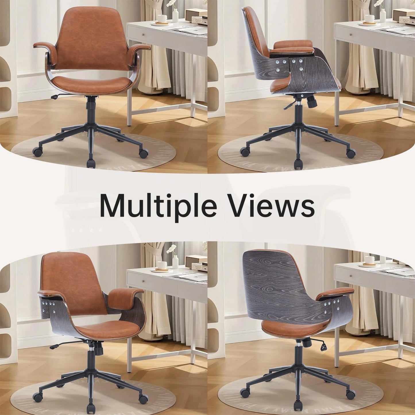 Mid Century Modern Home Office Chair,Ergonomic U-Shape Mid Back Executive Chair,Adjustable Height Swivel Computer Chair with Walnut Finish&PU Leather,Accent Chairs for Study Bedroom Workspace(Brown)