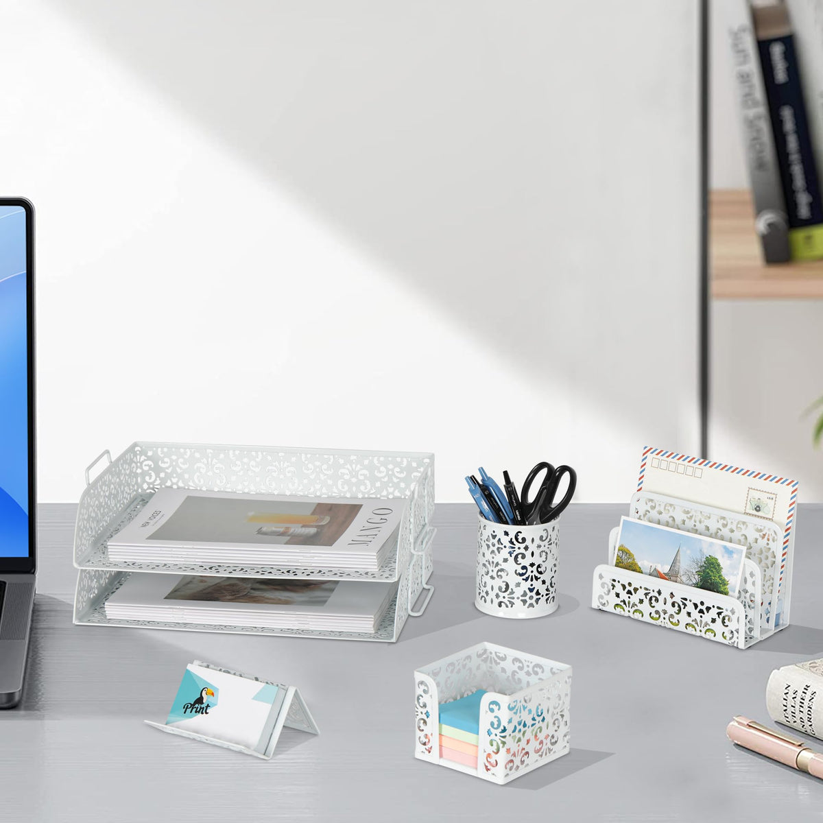 EasyPAG Desk Organizers and Accessories 5 Pieces Office Supplies Set - 2 Tier Paper Tray, Pencil Organizer for Desk, Mail Sorter Countertop, Business Card Holder and Sticky Note Holder, White