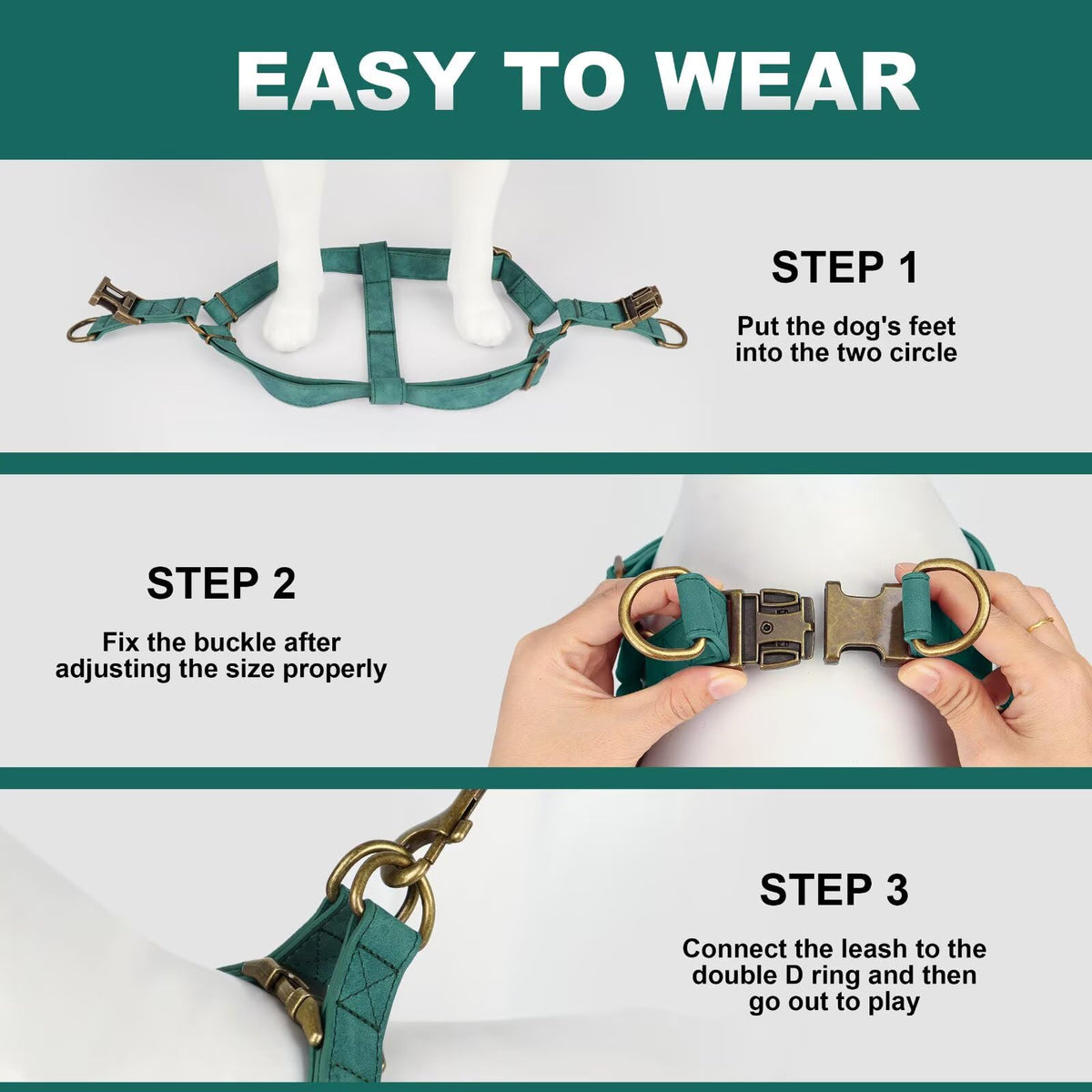 Didog Step in Dog Harness - PU Leather Dog Harness with Antique Bronze Metal Buckle, Easy Walk Dog Halter Harness for Medium Large Dogs Walking Training (Green, M: Chest 20-29")