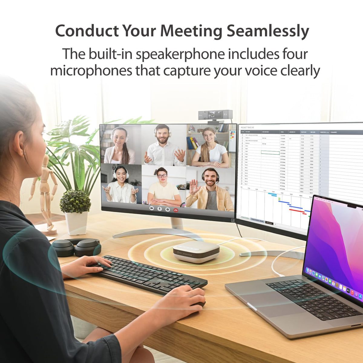 j5create USB-C Dual 4K Speakerphone Dock Pro, Dual 4K HDMI Audio Dock for Video Conference, USB-A x 2, USB-C, Gigabit ethernet, Pass-Through Charging - Works with Teams, Zoom (JCDS337)