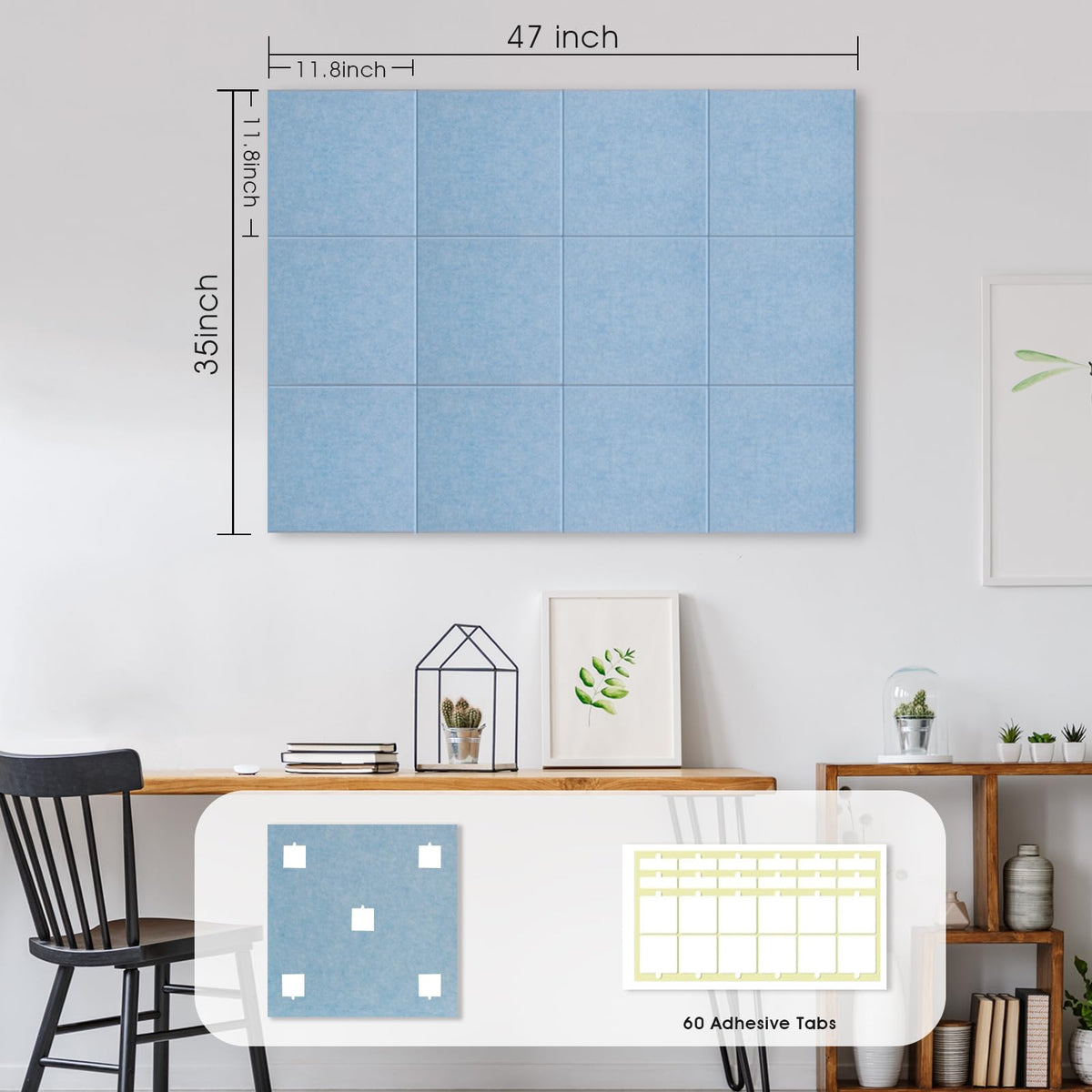 Large Cork Board for Office Wall Decor,48"x36"-12 Pack Felt Wall Tiles with Safe Removable Adhesive Tabs, Thicker 0.47in, Felt Bulletin Board Pin Board Cork Boards for Walls - Light Blue