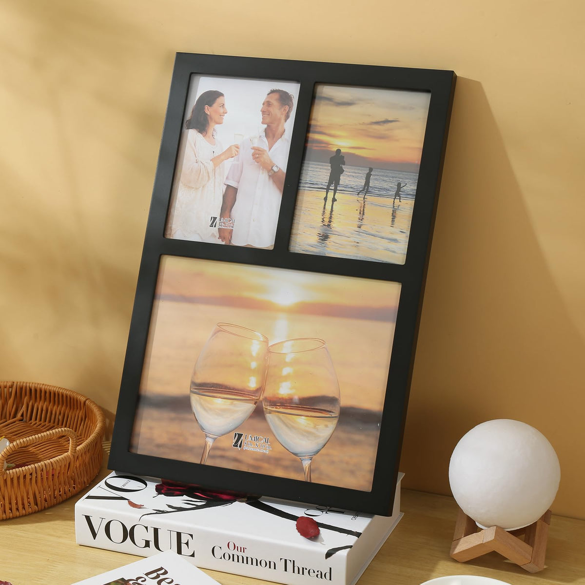 UMICAL Collage Picture Frame for 8x10 and 2 5x7 Pictures Display with Shatter-Resistant Glass & Black Wood 3-Openings Photo Frames Made for Tabletop Stand and Wall Mounting