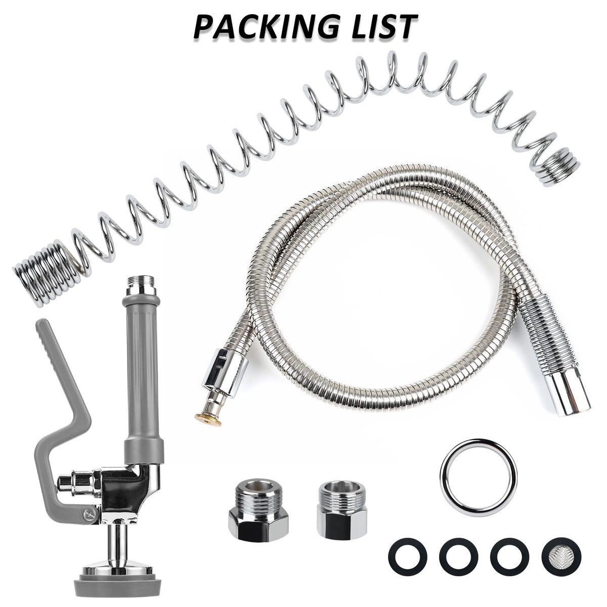 Spray Valve with 44inch Flexible Hose & Pre Rinse Spring Replacement Kit for Commercial Kitchen Sink Faucet 1.42GPM High-Pressure Restaurant Dish Sprayer Stainless Steel Hose & Overhead Spring (Grey)