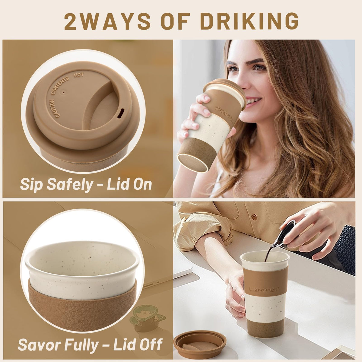Nucookery Ceramic Travel Coffee Mug Set, Coffee Tumbler with Silicone Lid and Non-Slip Sleeve, Unique To Go Mug, Gifts for Women & Men, Microwave Safe Cappuccino, Tea, Latte, Iced-Coffee Cups, White