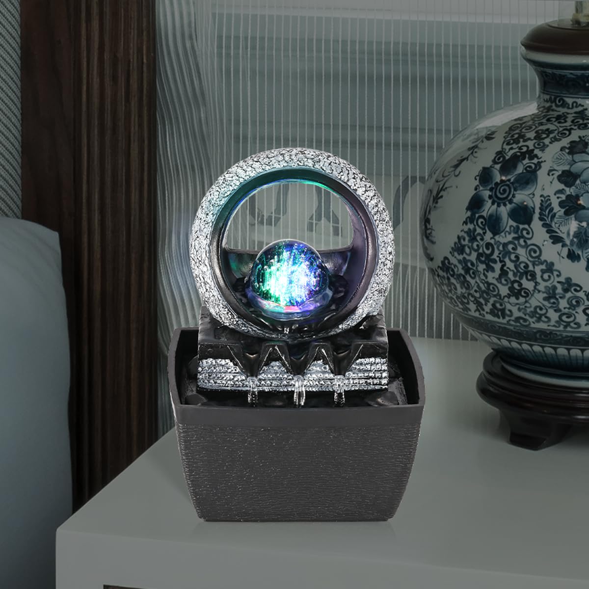 Tabletop Water Fountains, 3 Gears Desktop Fountain Indoor with Led Rolling Ball, Table Top Small Water Feature Interior Zen Relaxation Decor for Home Bedroom Living Room Office Apartment