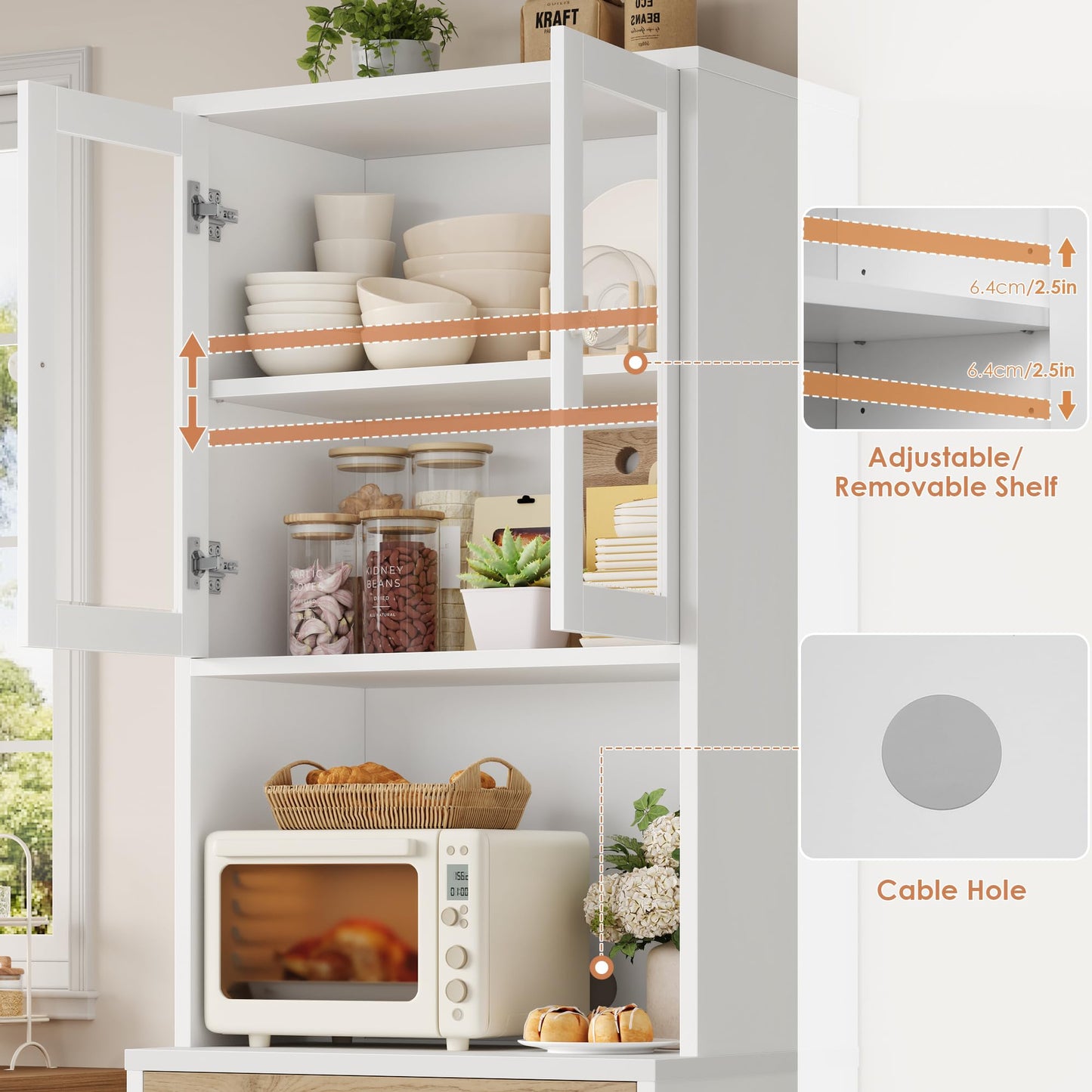 Keyluv 71“ Tall Kitchen Pantry Storage Cabinet with Microwave Stand, Buffet Kitchen Hutch with Shelves and Drawers, Wood Coffee Bar Pantry Cabinet with Glass Doors, for Dining Room/Small Space, Khaki