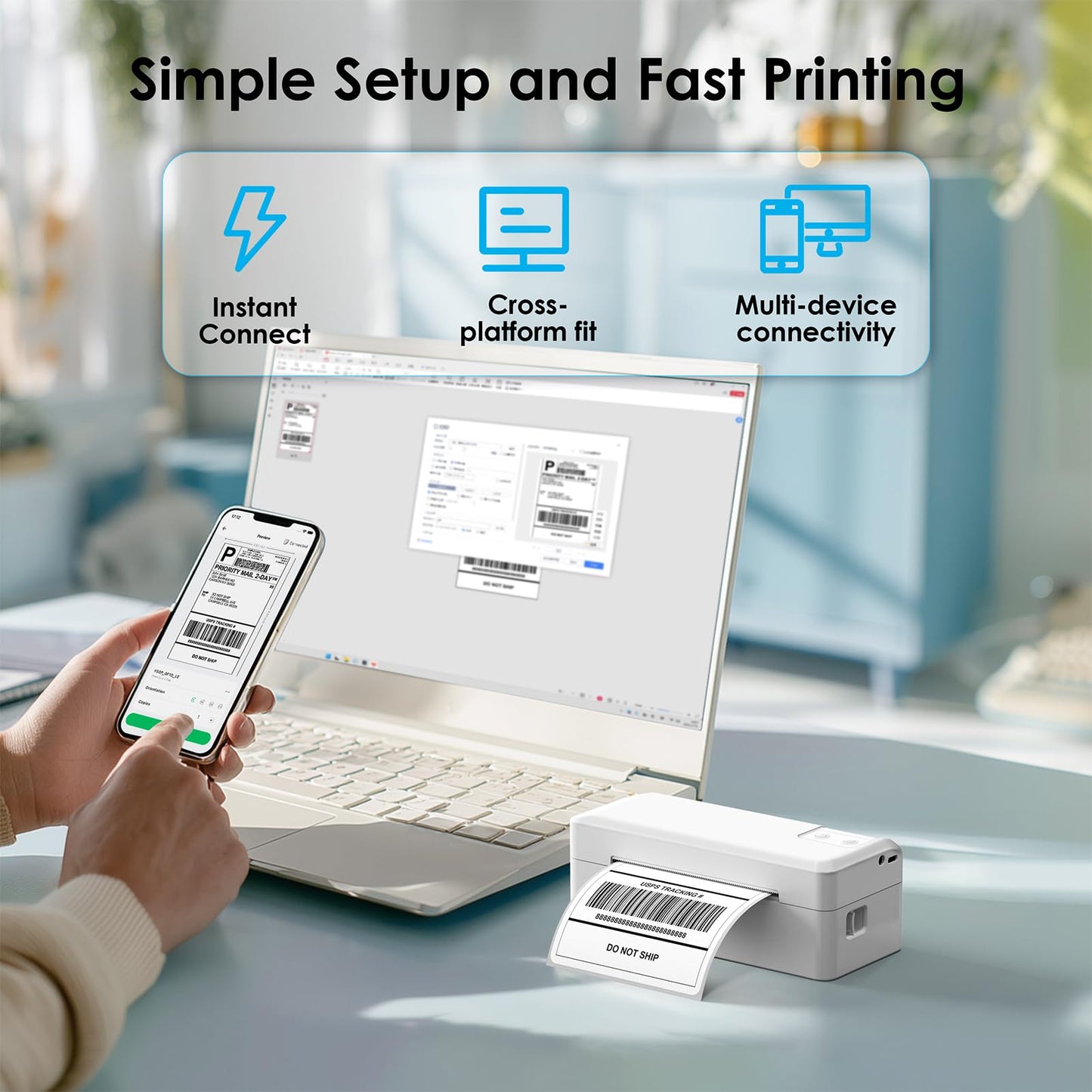 KNAON Shipping Thermal Label Printer, 4x6 Portable Label Printer, Bluetooth Label Maker for Small Business, Support iPhone,Android,Windows,Mac,Chromebook,Works with USPS, Etsy,Shopify&More, White
