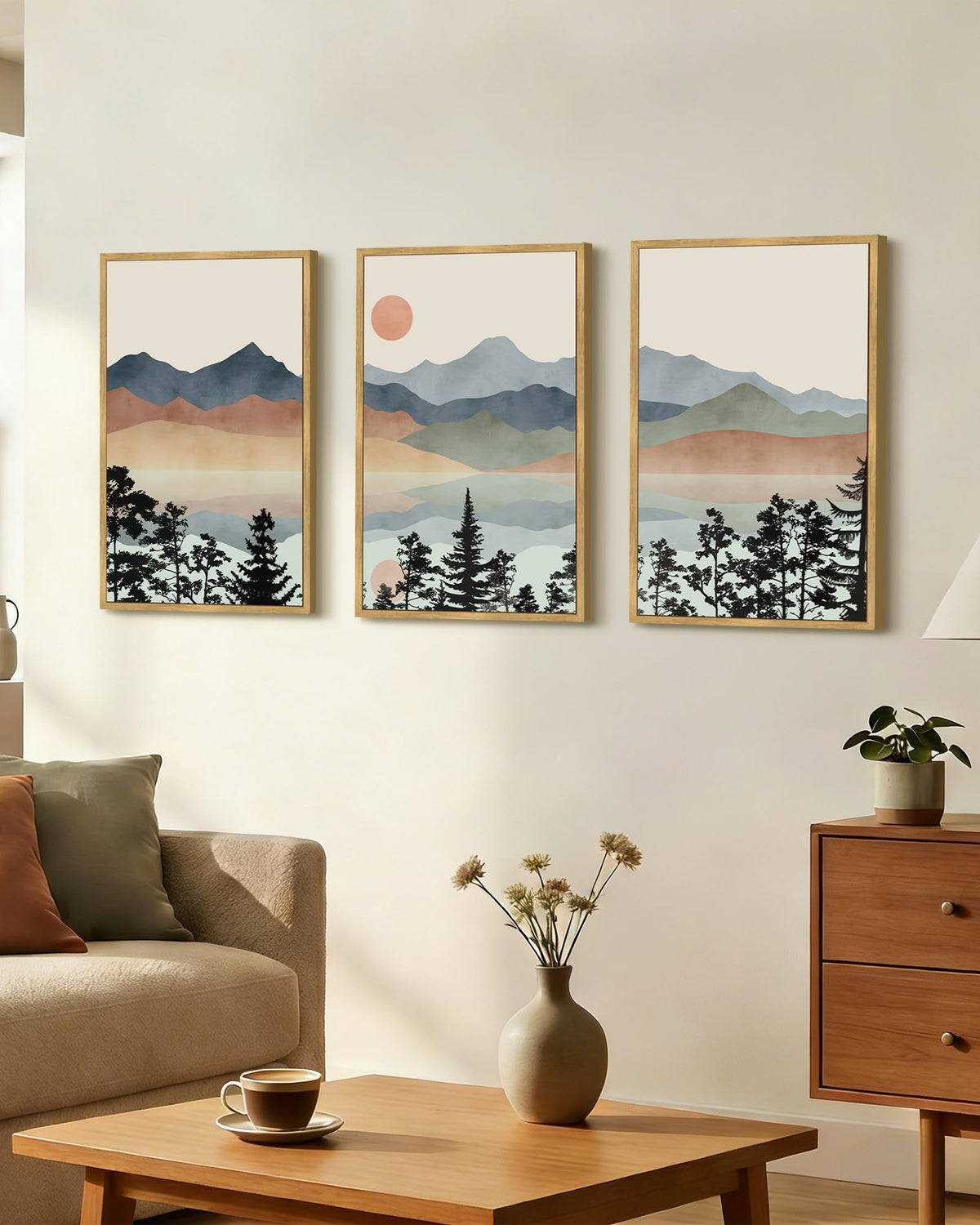 Drsoum Mountain Range Landscape Wall Art Framed Ink Wash Watercolor Nature Wall Decor Laker Sun Rises Prints Bedroom Living Room Ready to Hang 16x24in Natural Framed