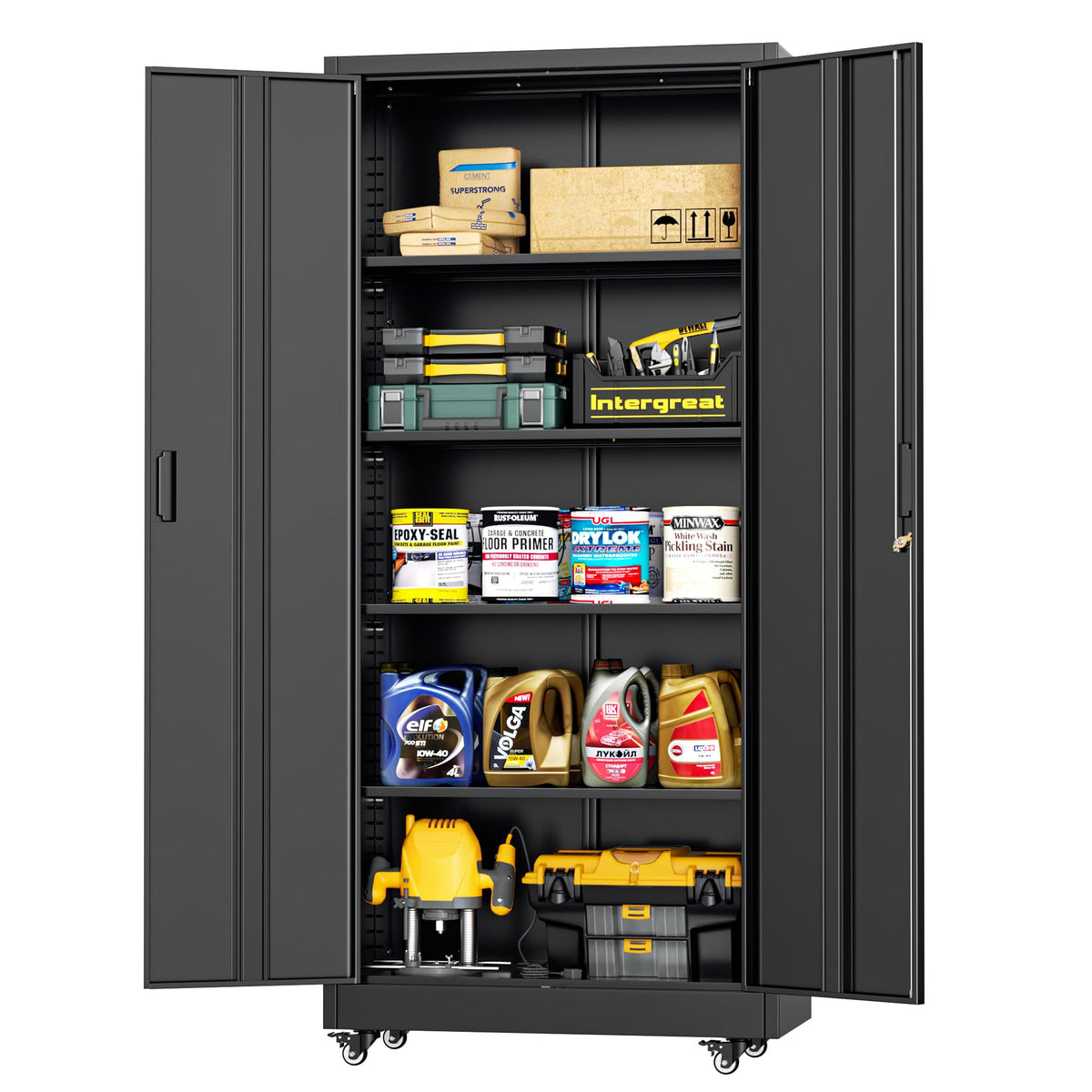 INTERGREAT Metal Storage Cabinet with Wheels, 73" H Rolling Metal Cabinets with Doors and Shelves, Black Steel Lockable Cabinet on Wheels for Garage Storage
