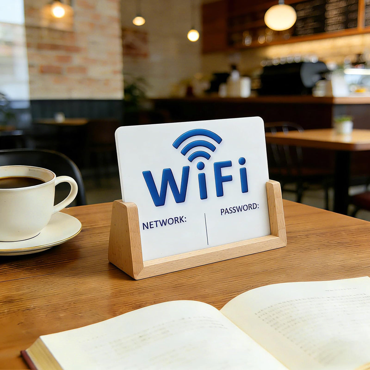 2 Pack Wifi Signs for Guests - Blue & Black Font Wifi Sign with Wooden Base - Custom Wifi Password Sign for Home, Office, Cafe, with 1 Sponge Erasable Marker Pen (6.4" x 4.8")