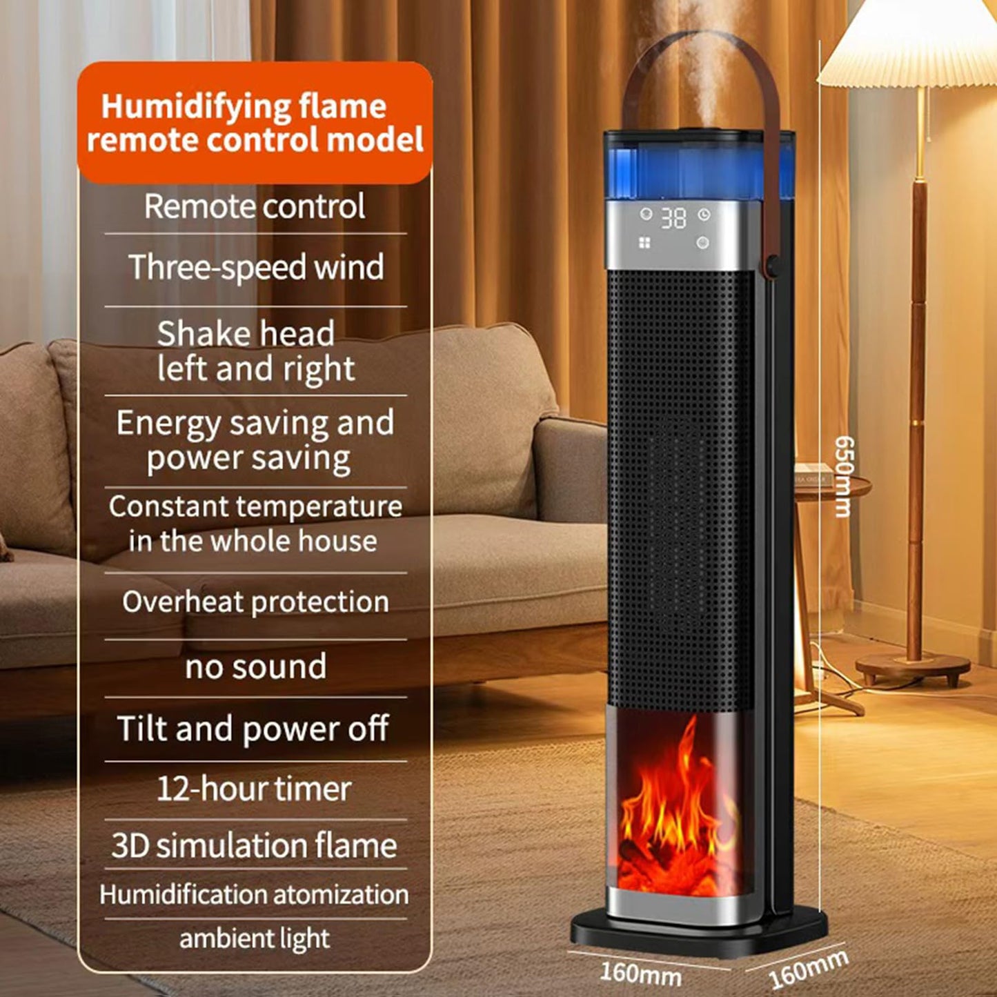 Yighlima Space Heater Indoor, 25" 1500W PTC Ceramic Heater with atomization and humidification function, 3 Modes, 3D Flame, 12H Timer, 45° Oscillating, with Remote, Tower Heater for Office Bedroom