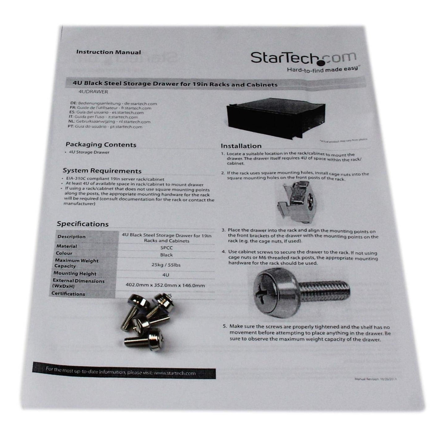 StarTech.com 4U Rack Mount Drawer - 55 lb (25 kg) - 4U Steel Storage Rack Drawer for 19" AV / Sever / Network Equipment Rack or Cabinet (4UDRAWER) Black