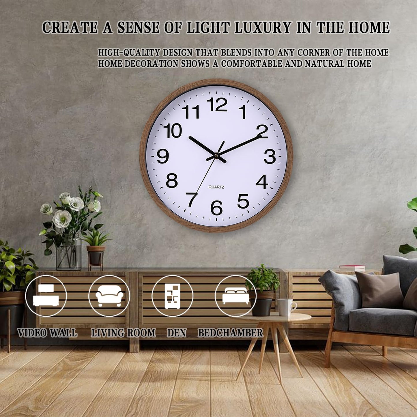 TOHOOYO Wall Clock 12 Inch Wooden Frame Glass Cover Non-Ticking Number Quartz Modern Quartz Design Decorative Bedroom Kitchen Office Classroom Dark Brown