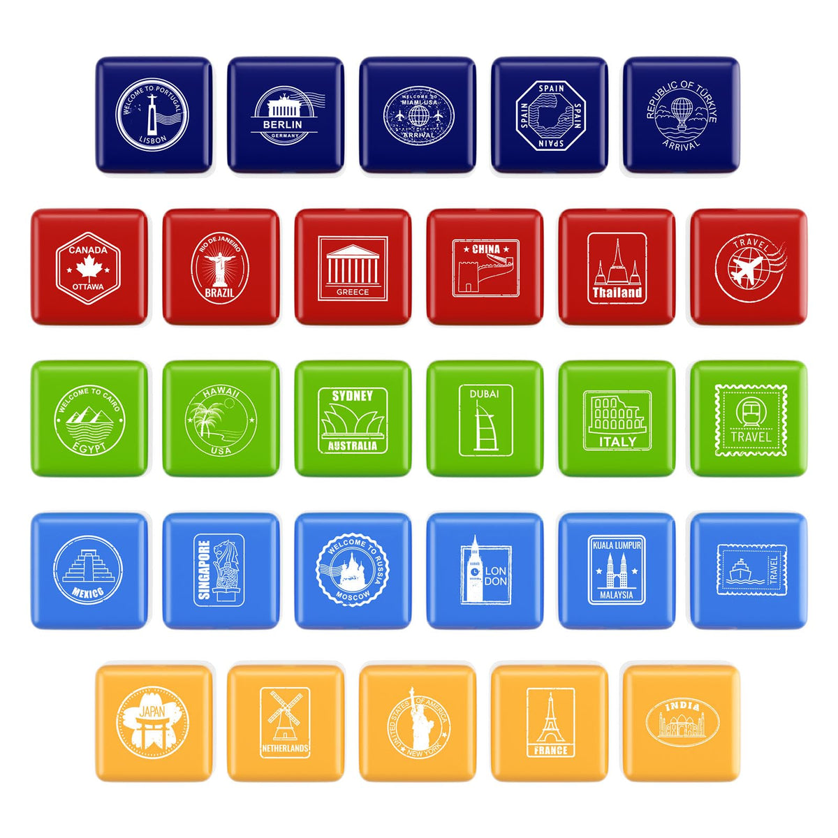 28 Pcs Passport Stamps for Kids with Storage Box – City and Country Rubber Stamp Set for Learning, Travel Theme, Arts and Crafts, Scrapbooking, Classroom Activities