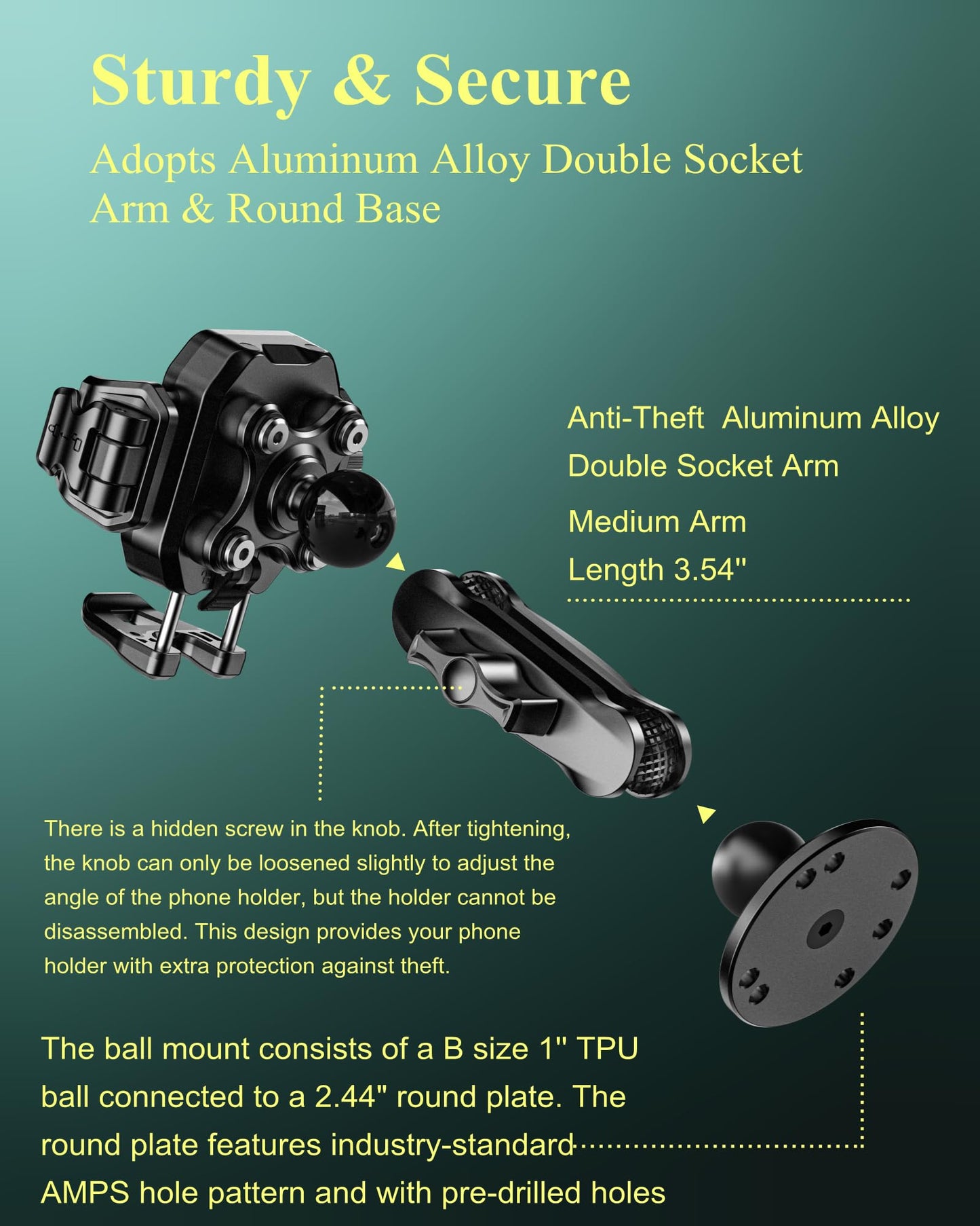BRCOVAN Anti-Theft Phone Mount Holder with Vibration Dampener [Camera Friendly] [1s Lock & Release] with Aluminum Round Base & Medium Arm, for Car Boat Truck Motorcycle UTV, Fit 5.4-7.2'' Smartphones