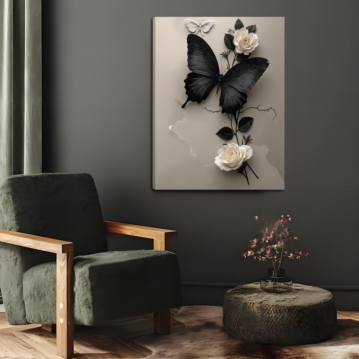 Black Butterfly and White Flower Canvas Wall Art Plant Abstract Texture Picture Butterfly Poster Print Minimalist Painting Decoration For Living Room Bathroom Dining Room Office (12 * 16in Framed)