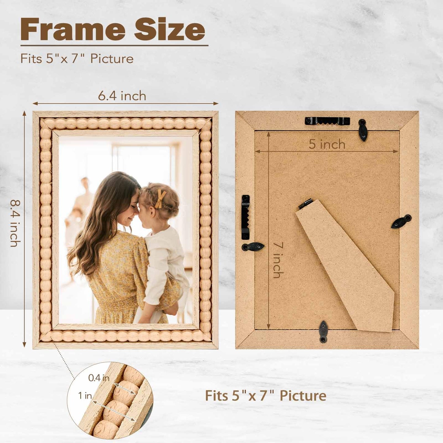 OMISHE Wood 5x7 Picture Frame with Decorative Beads for Wall Decor or Tabletop, Boho Rustic Handcrafted 5 x 7 Frame with Shatter Resitant Plexiglass, Natural
