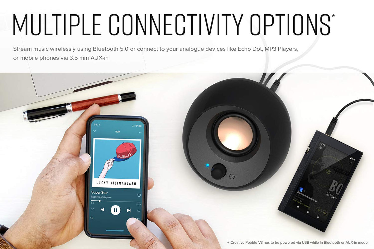 Creative Pebble V3 Minimalistic 2.0 USB-C Desktop Speakers with USB Audio, Clear Dialog Enhancement, Bluetooth 5.0, 8W RMS with 16W Peak Power (Black)