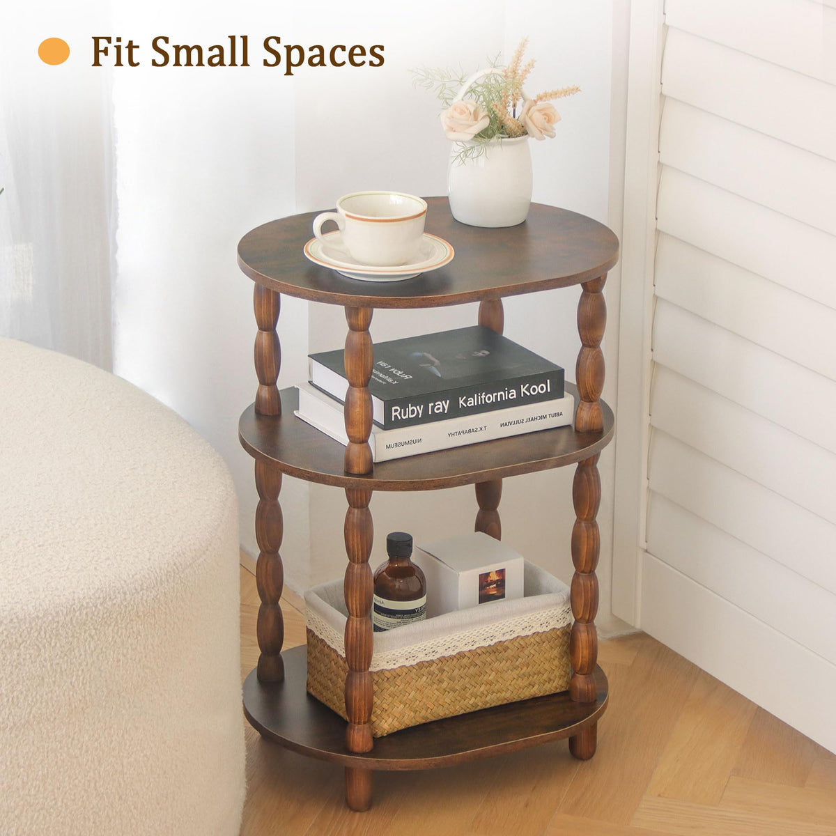 MaxSmeo Side Table with Charging Station, 3-Tier Small End Table with USB Ports and Outlets, Modern Oval Night Stand Accent Table for Living Room, Bedroom, Rustic Brown