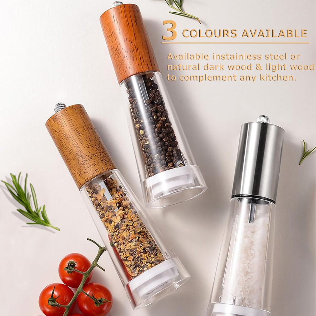 Salt and Pepper Grinder Set, Acrylic Pepper Mill with Adjustable Coarseness Wooden Pepper Grinder, Manual Salt Shake Refillable for Kitchen, Pack of 2 (Stainless Steels)
