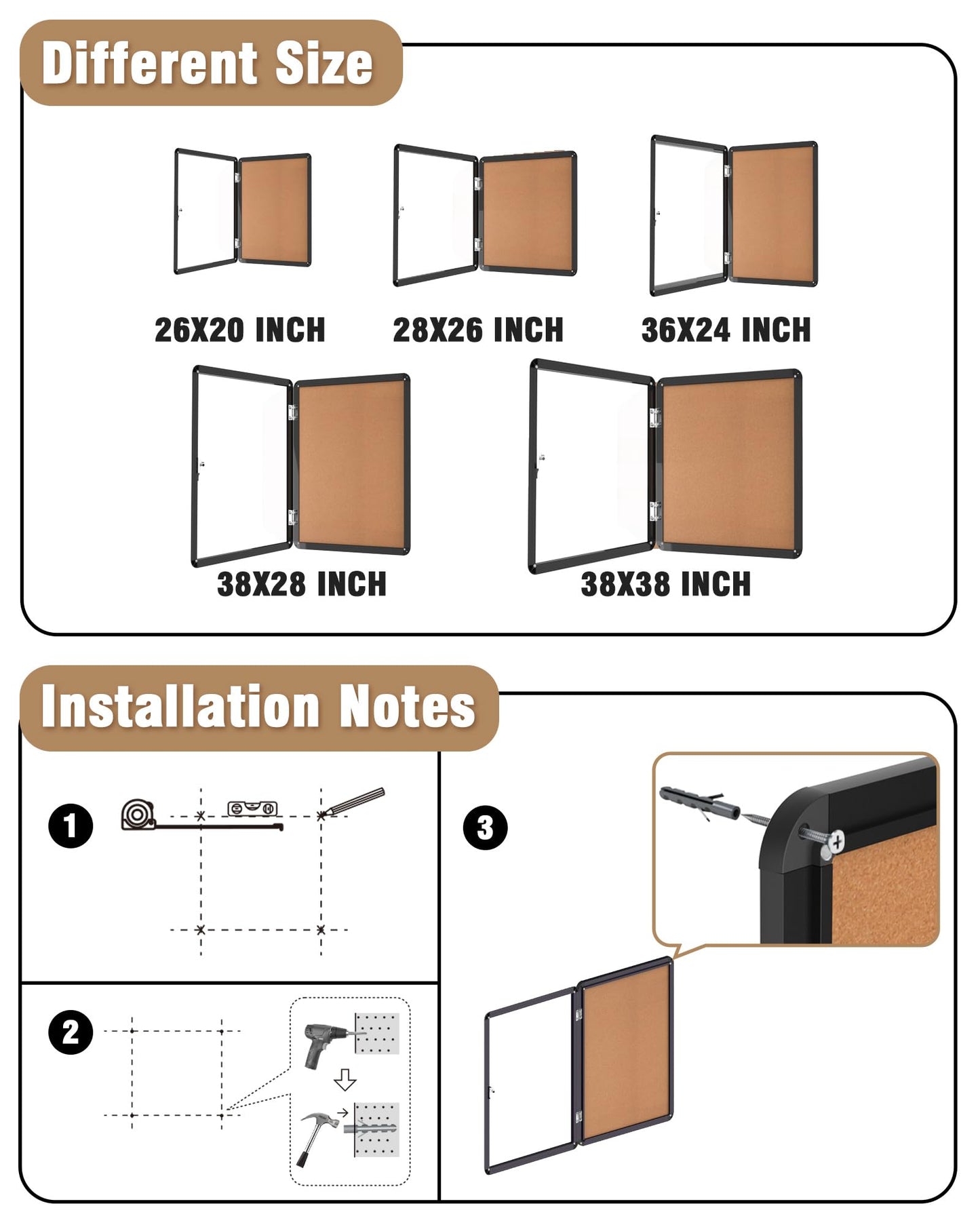 Mifuro 28"x26" Enclosed Bulletin Board, Lockable Weather-Resistant Aluminum Cork Noticeboard for School & Office, Black Frame w/Cork