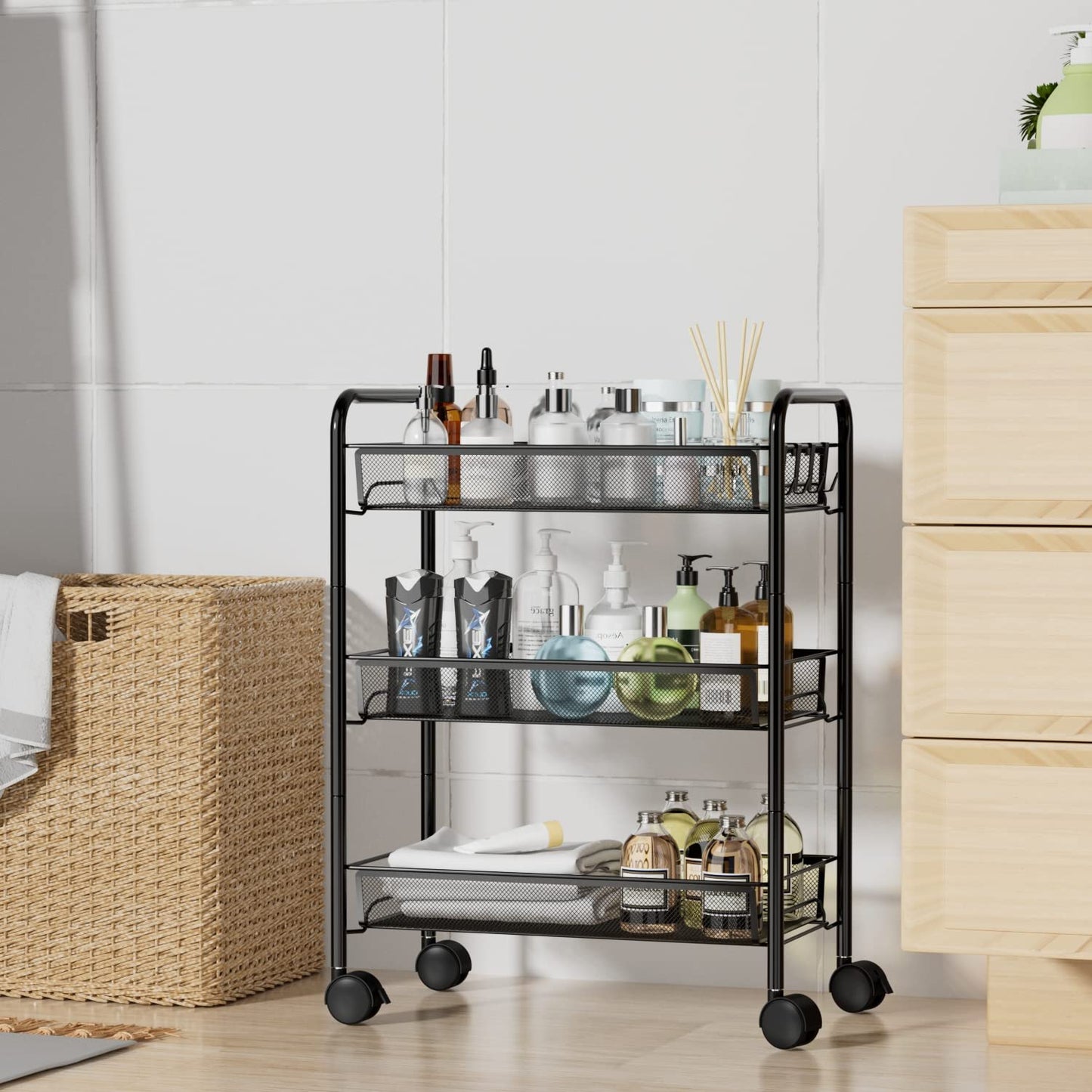 OVICAR Mesh Wire 3 Tier Rolling Cart, Kitchen Storage Utility Cart, Multifunction Basket Stand for Bathroom, Full Metal Storage Art Trolley Carts with Wheels & 4 Side Hooks (Black)