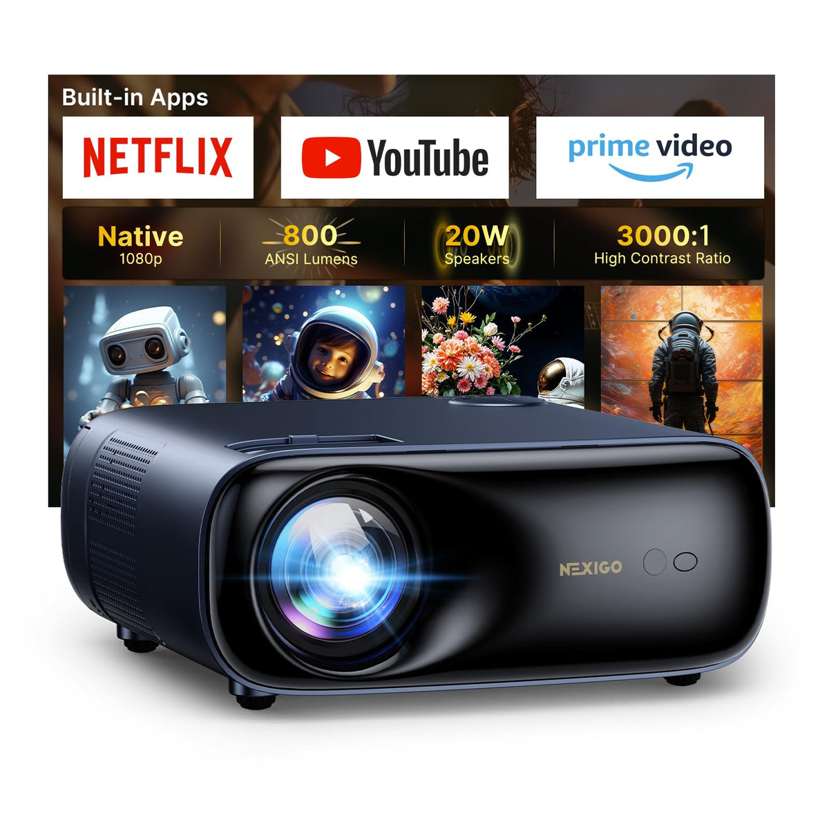 NexiGo PJ40 Ultra Outdoor Projector, Compatible with Netflix/YouTube/Prime Video, 800 ANSI Lumens, AI Image Enhancement, Native 1080p Video Projector, 20W Speaker, Auto Keystone