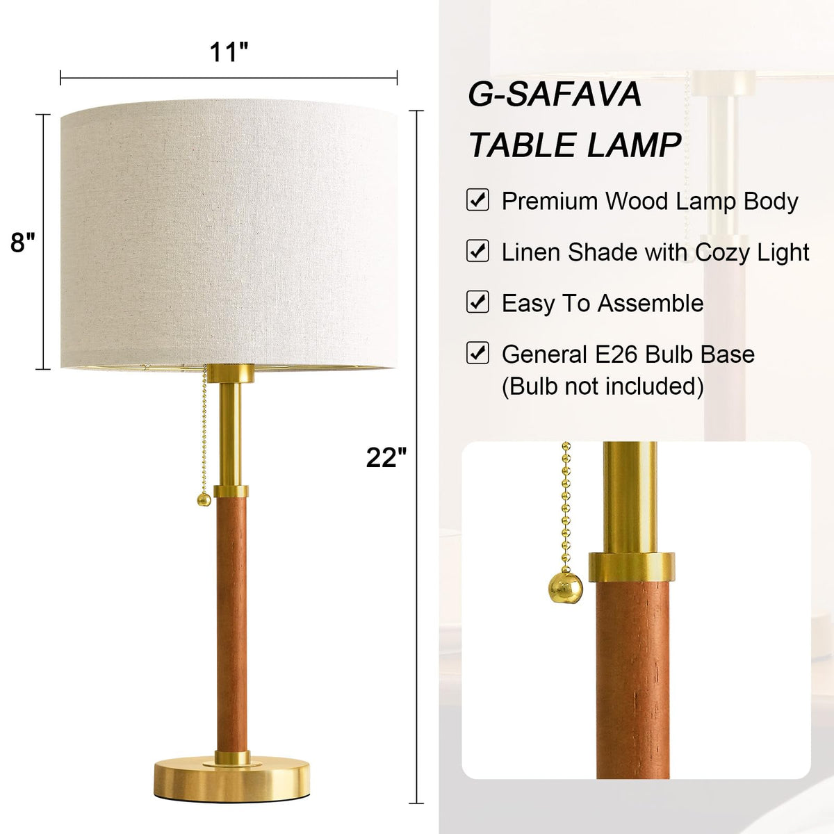 G-SAFAVA 22" Wood Table Lamps Mid Century Modern Lamp for Bedroom Living Room Bedside Lamps for Night Stands Nightstand Lamp with Pull Chain Gold Small Side End Table Lamps Set of 2 Vintage Deco Gifts
