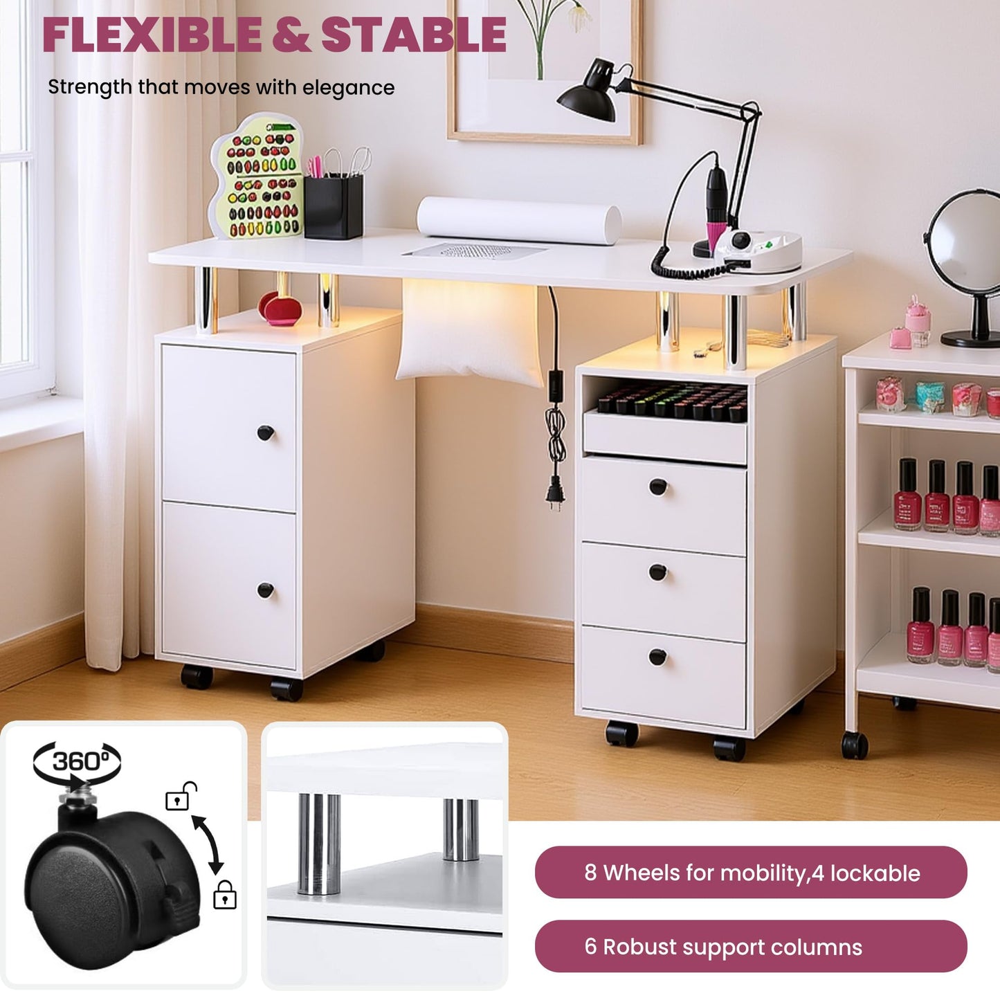 HolaiNail Nail Desk for Nail Tech w/Electric Dust Collector, Rolling Manicure Table w/Lockable Wheels, Storage Drawers, Wrist Cushion, Acetone Resistant, for Nail Beauty Salon Workstation (White)