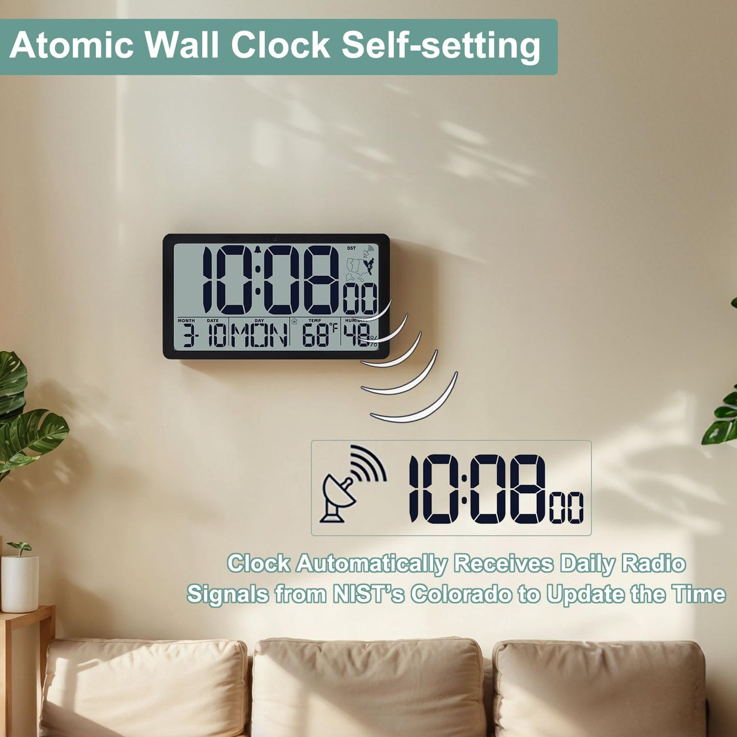 Atomic Wall Clock Battery Operated,10.5 inch Digtial Desk Clock with Temperature and Humidity,Self-Setting Alarm Clocks with 57 Ringtones,Auto DST, Large LCD Display for Seniors Batteries Included