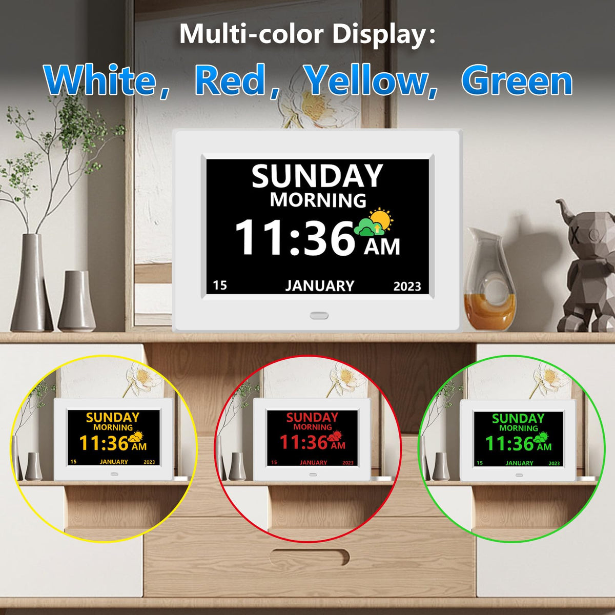 LXBYJKJ 7 Inch Digital Clock with Day and Date for Elderly Alzheimer's Clock Customizable Alarms 3 Display Modes Large Font Alarm Clock for Seniors Auto DST White