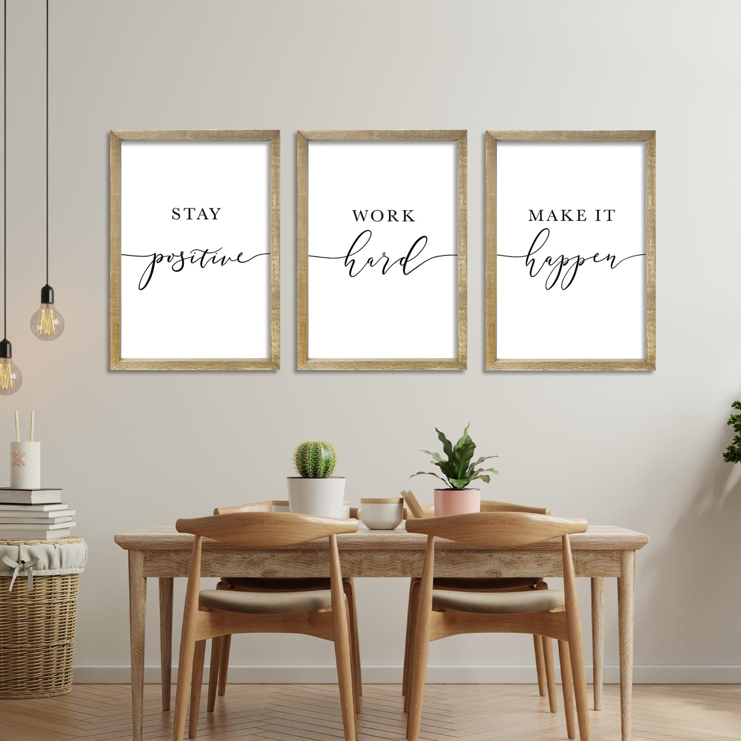 RLWangChao Inspirational Quotes Wall Art Decor 11"X16" 3 Piece Modren Office Stay Positive Work Hard Make It Happen Motivational Wood Framed Sign Living Room Positive Wall Hanging Decoration (Wood)