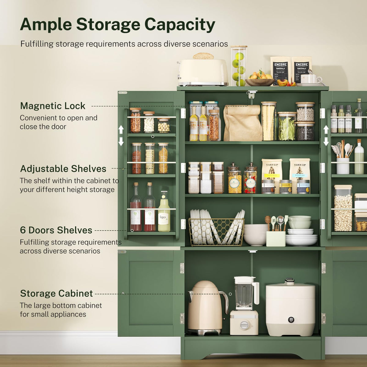 TEENFON 43" H Storage Cabinet with 4 Doors, Kitchen Cabinet with 6 Door Shelves, Kitchen Pantry Cabinets for Living Room, Dining Room, Bathroom, Forest Green
