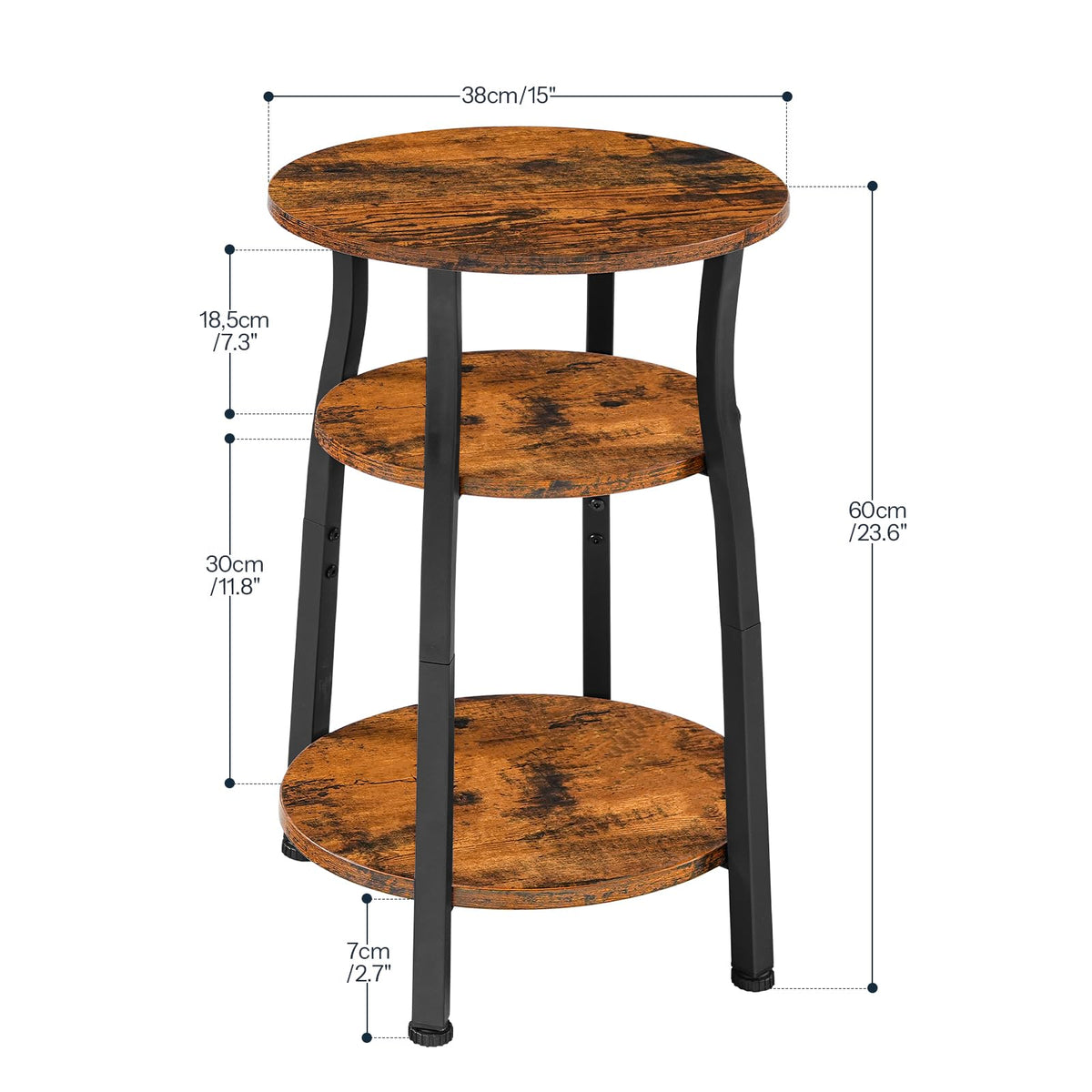 HOOBRO Narrow End Table with Storage, 3-Tier Small Oval Side Table, Slim Bedside Table for Small Spaces, Corner Sofa Table for Living Room, Bedroom, Rustic Brown and Black BF258BZ01