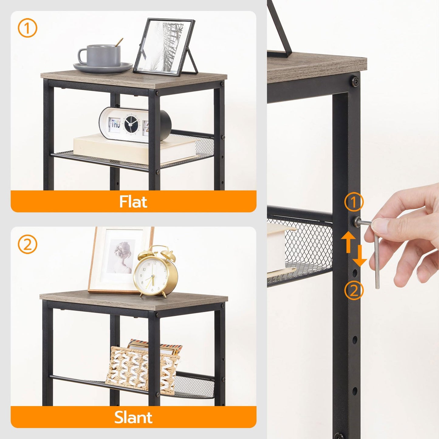 HOOBRO Tall Side Table, 3-Tier Telephone End Table with Adjustable Mesh Shelves, Small Entryway Table with Storage, Small Nightstand for Living Room, Bedroom, Hallway, Office, Greige BG01DH01G1