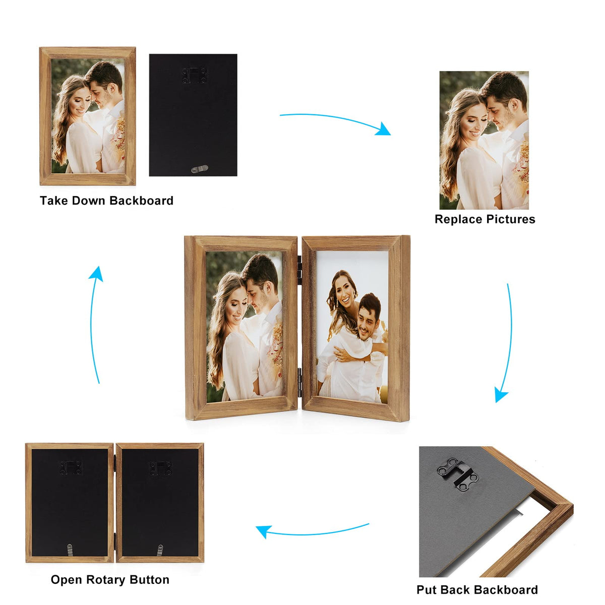 Janreefan Double 4X4 Picture Frames Hinged Folding Rustic Photo Frames in Brown for Wall Hanging or Tabletop Standing, Made of Pine Wood with Real Glass P-44 * 2-MU