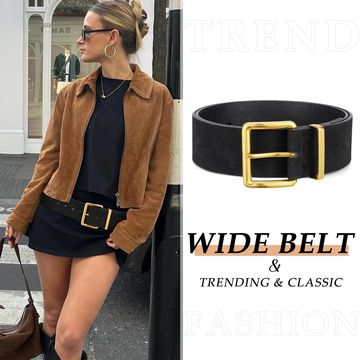 WERFORU Women Wide Chunky Belt for Dresses Fashion Thick Suede Belt with Big Gold Buck,Black