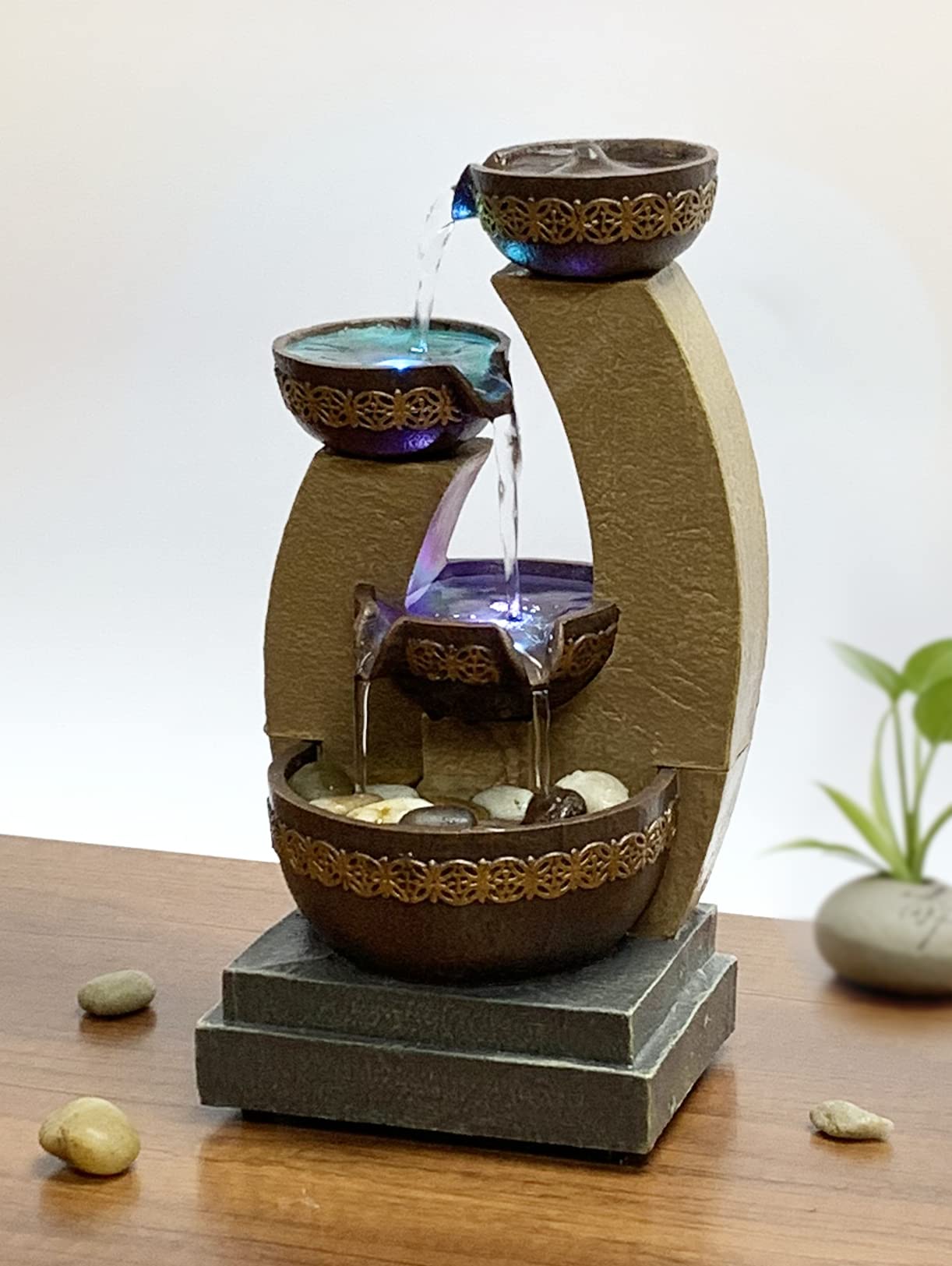 11" H Golden Tiered Bowl Fountain with Color Changing LED Lights with Adapter Brown