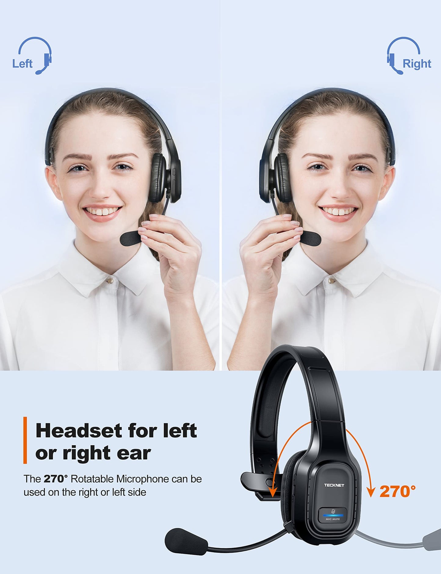 TECKNET Trucker Bluetooth Headset, Trucker Bluetooth Headphones with Microphone AI Noise Canceling Wireless On Ear Headset, Hands Free Wireless Headset for Cell Phone Computer Office Home (Black)