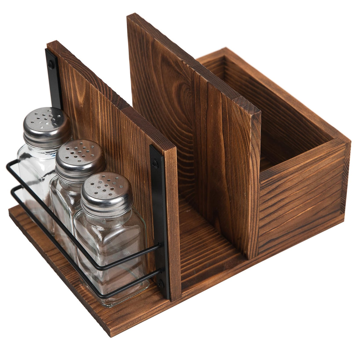 ExoLiry Rustic Burnt Wooden Kitchenware Organizer Napkin Utensil Spice Holders Table Seasoning Shakers Chalkboard Label Countertop Salt Pepper Caddy Wood Kitchen Dining Room Restaurant Café Home