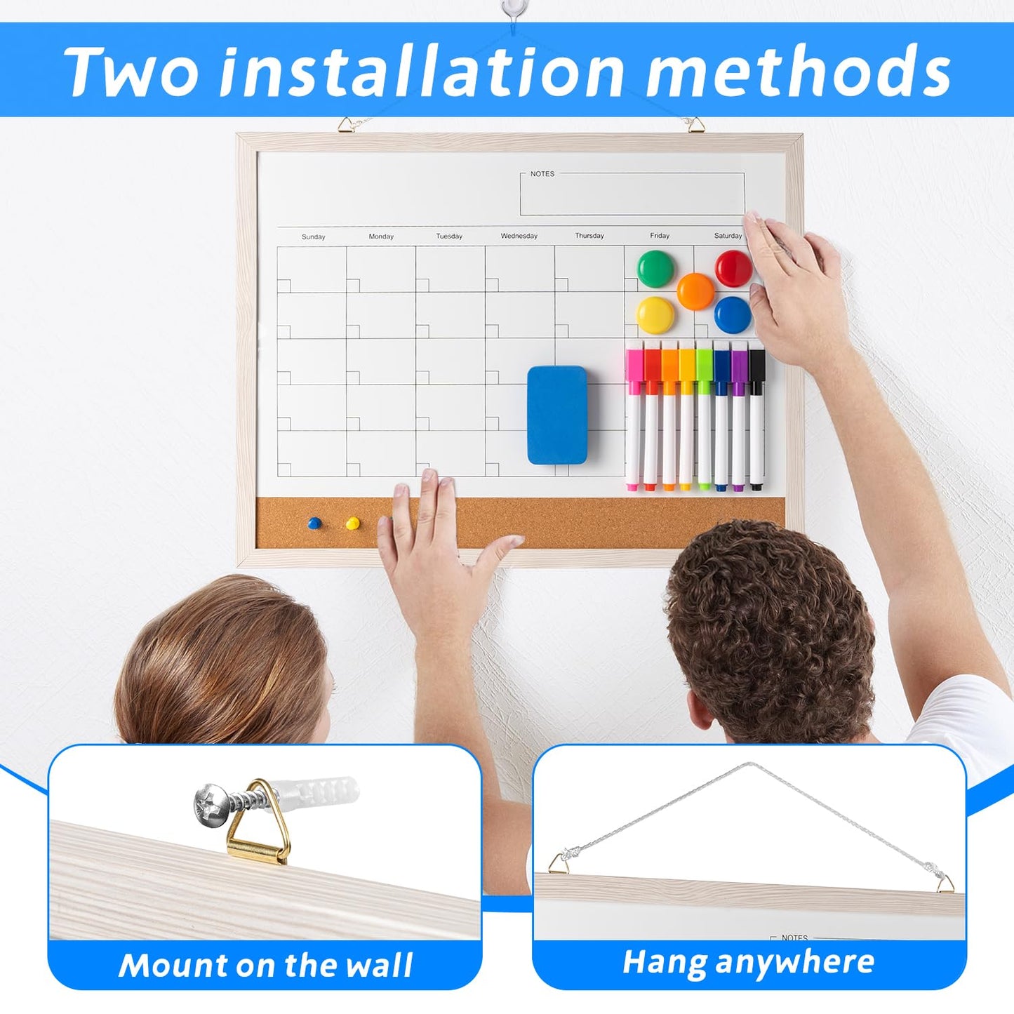 Dry Erase Calendar Whiteboard, 17" x 13" Magnetic Whiteboard Cork Board Combo, Reusable Monthly Planner with 8 Markers, Eraser, Magnets and Pushpins, Hanging Dry Erase Board for Home, School - White