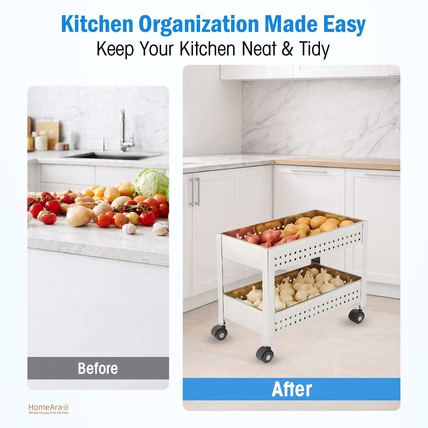 HomeAra 2-Tier Rolling Utility Cart with Wheel, Metal Storage Trolley Organizer for Kitchen, Office, Portable Multi Purpose Storage Rack Shelf, Movable Kitchen Pantry Laundry Organizer Cart, Silver