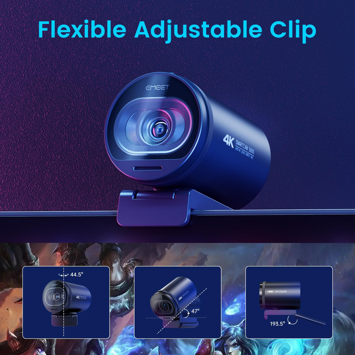 EMEET S600 4K Webcam for Streaming - Sony 1/2.55'' Sensor, PDAF Autofocus, 1080P@60FPS, 2 Noise Reduction Mics, Built-in Privacy Cover, 73° FOV, Streaming Camera for Live Commerce/Gaming/Beauty