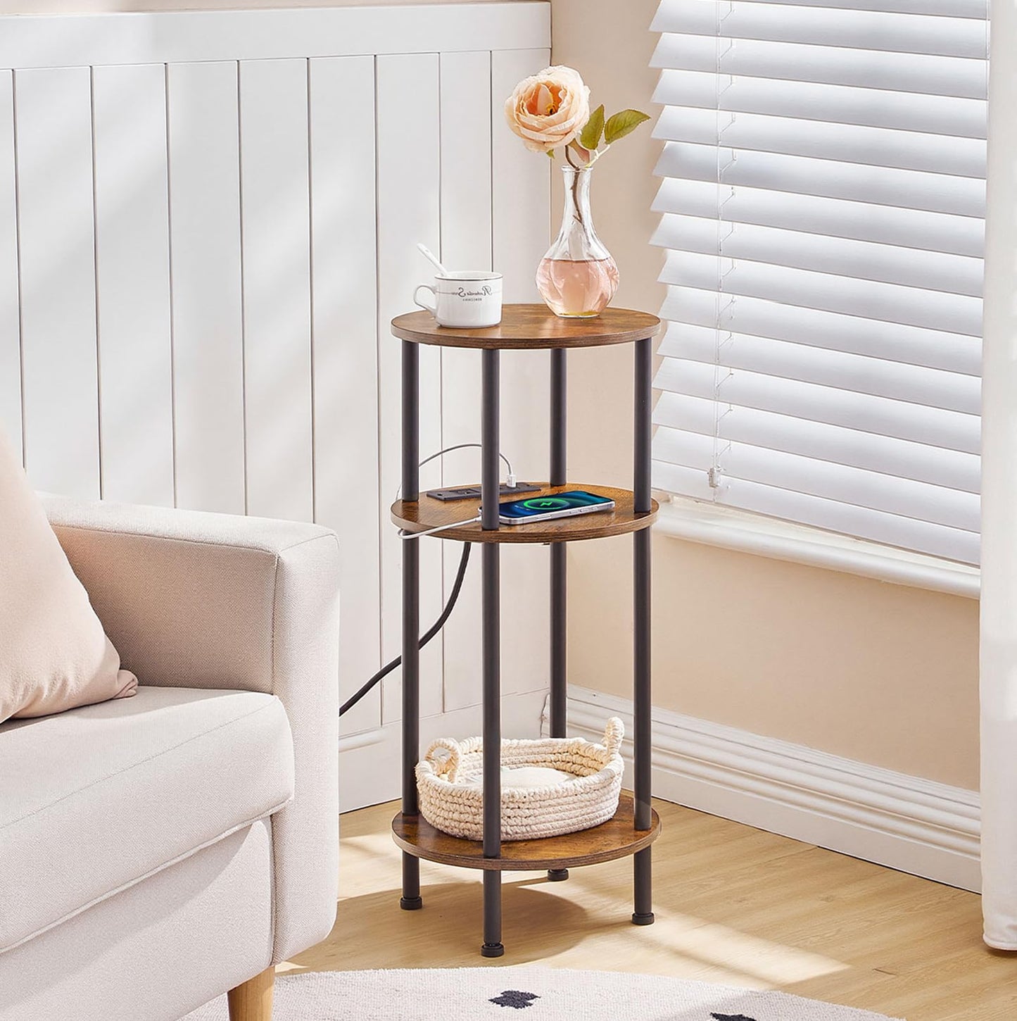 HOOBRO Small Round Side Table, 3-Tier Compact Sofa End Table with Charging Station, Circle Bedside Table Nightstand with Storage, for Small Space, Living Room, Bedroom, Rustic Brown BF219UBZ01