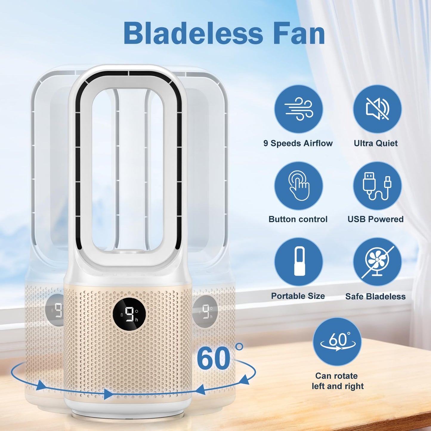 Small Bladeless Desk Fan Quiet, 14 Inch USB Rechargeable Table Fan with 5000mAh Battery, 60° Oscillating 9 Speeds Touch Control, 3 Light Modes, Mini Portable Fan for Office Bedroom Living Room